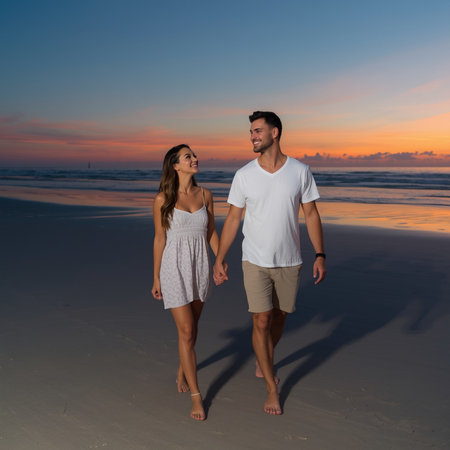 Happy Young Couple Walking Along Beach Together at Sunset - Holiday Vacation Conceptの素材