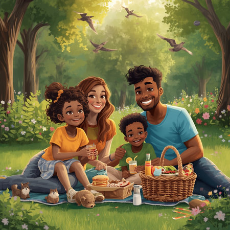 Happy family having picnic in the park. Illustration of a happy family having picnic outdoors.の素材