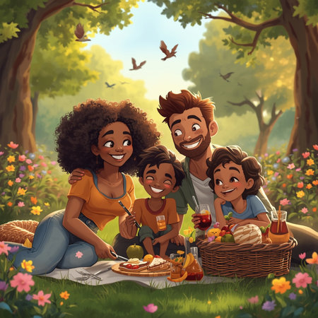 Happy family having picnic in the park. Cheerful african american parents with kids sitting on blanket and having picnic in nature.の素材