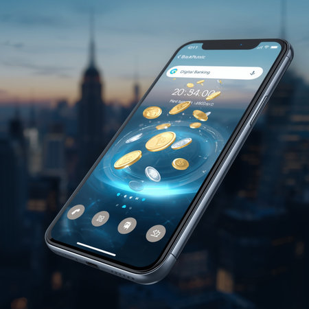 smartphone with online banking application on screen over blurred city background 3D renderingの素材
