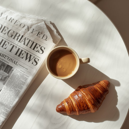 Cup of coffee with croissant and newspaperle tableの素材