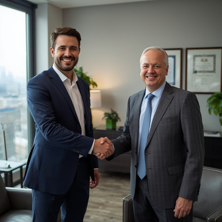 Portrait of two smiling businessmen shaking hands with each other in officeの素材