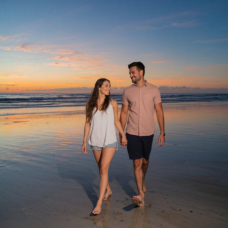 Happy Young Couple Walking Along Beach at Sunset - Romantic Vacation Conceptの素材