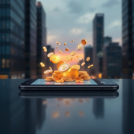 Smartphone with golden coins on the background of the city. 3d renderingの素材