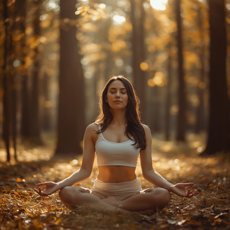 Young woman practicing yoga in the autumn forest. Healthy lifestyle concept.の素材