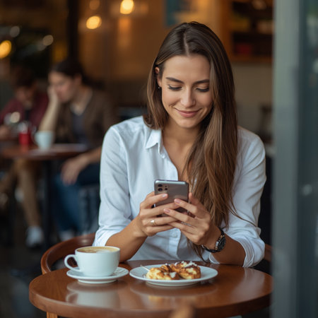 Young woman using her smart phone in a cafe with a cup of coffeeの素材