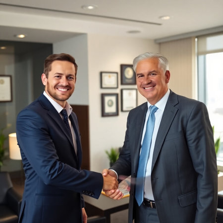 Smiling businessman shaking hands with his colleague in office. Successful business conceptの素材