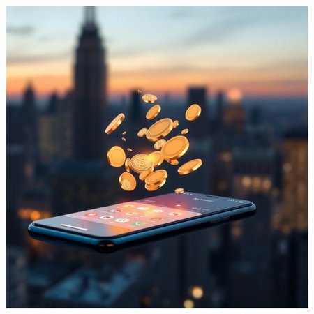 Smartphone with falling coins on the background of the New York City skylineの素材