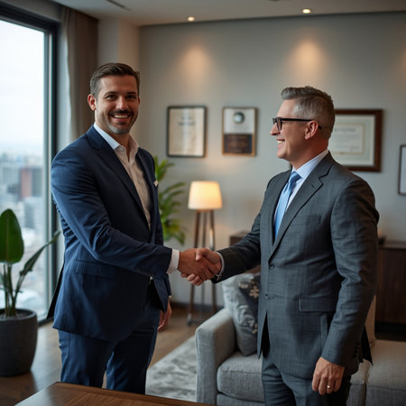 Two businessmen shaking hands in hotel lobby. Business people shaking hands in hotel lobby.の素材