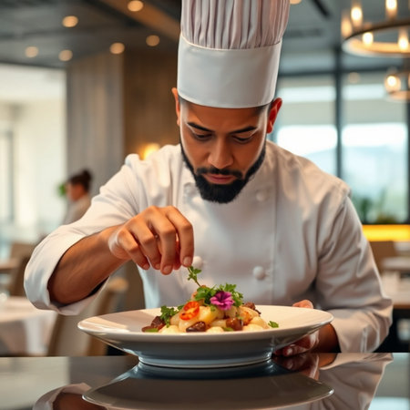 chef in white uniform decorating salad with vegetables in restaurant kitchenの素材
