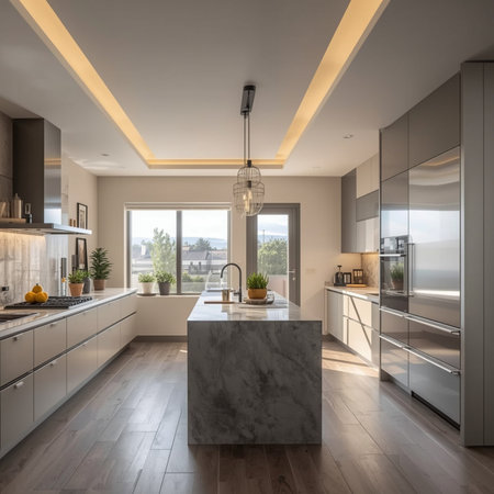 Interior of a modern kitchen with a marble countertop. 3d renderingの素材