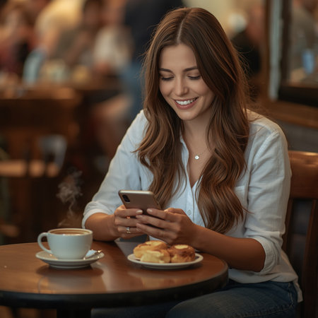 Portrait of beautiful young woman using mobile phone while sitting in cafeの素材