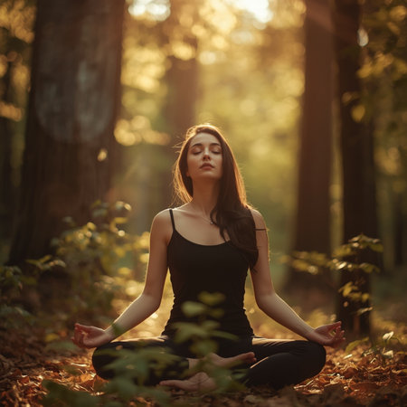 Young woman practicing yoga in the autumn forest. Healthy lifestyle concept.の素材