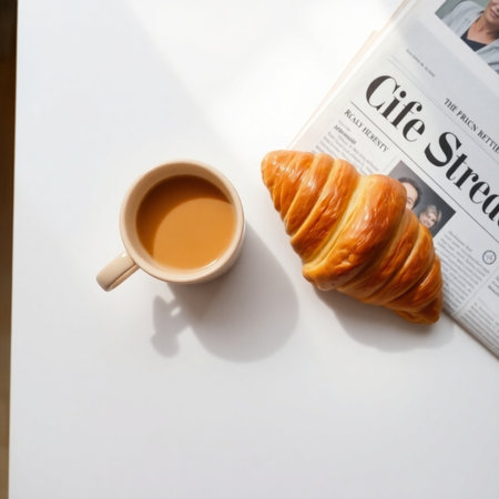 Cup of coffee and croissant on a white table with morning newspaperの素材