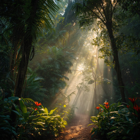 Morning in the tropical forest with sunbeams and lens flare.の素材