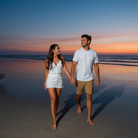 Happy young couple walking on the beach at sunset, holding hands and looking at each otherの素材