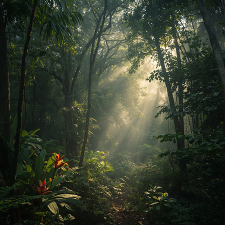 Morning in the tropical forest. Sun rays through the trees in the jungle.の素材