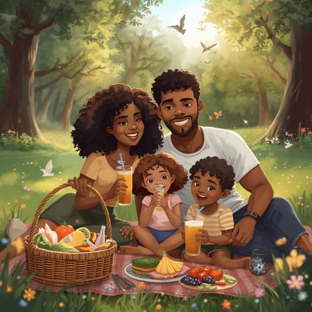 Happy family picnicking in the forest. Cheerful african american parents and their children having picnic outdoors.の素材