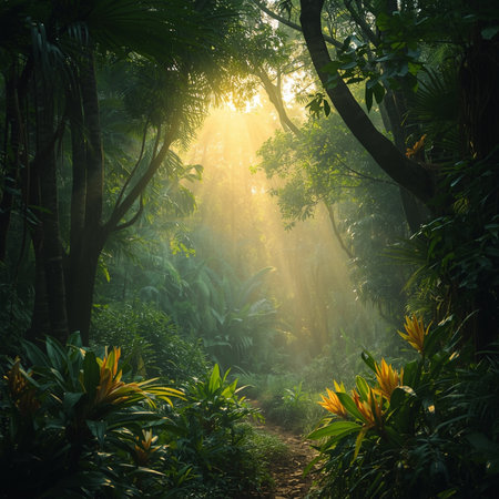 Tropical rainforest with sunlight in morning. Nature background.の素材