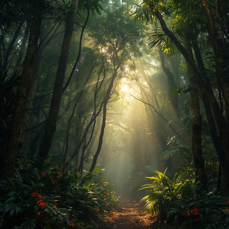 Morning mist in the tropical forest with sun rays shining through the treesの素材