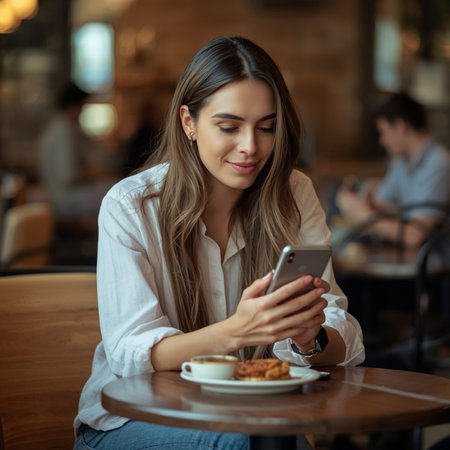 Beautiful young woman using mobile phone while sitting in a cafe.の素材