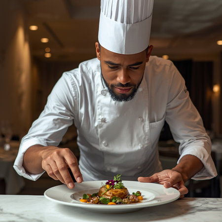 chef in white uniform decorating dish with meat and vegetables in restaurantの素材