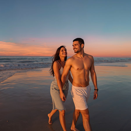 Beautiful young couple having fun on the beach at the sunset timeの素材