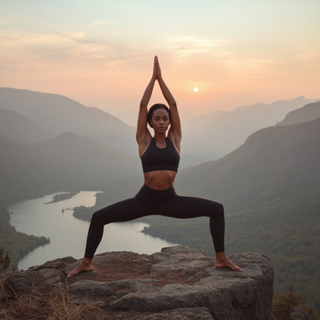 Young woman practicing yoga on the top of a mountain during sunset.の素材