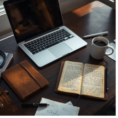 Laptop with notebook and coffee cup on wooden table in the officeの素材