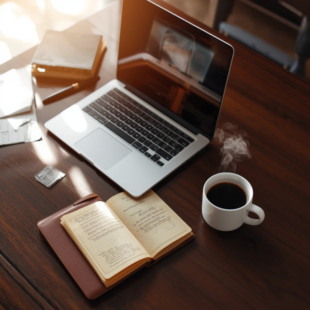 Laptop and coffee cup on wood table in modern office. Work from home concept.の素材
