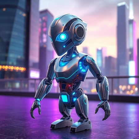 3D rendering of a female robot in the city at night.の素材