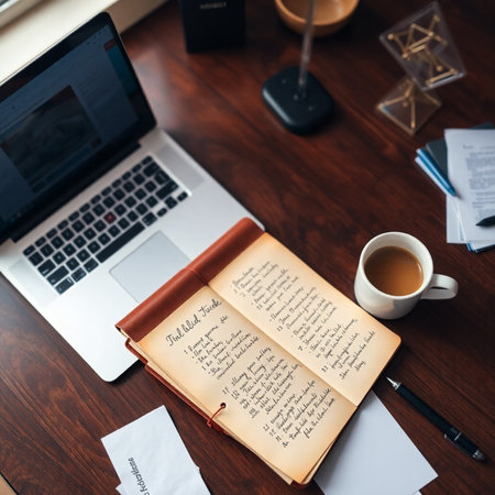 Open book and laptop on the wooden table with a cup of coffeeの素材