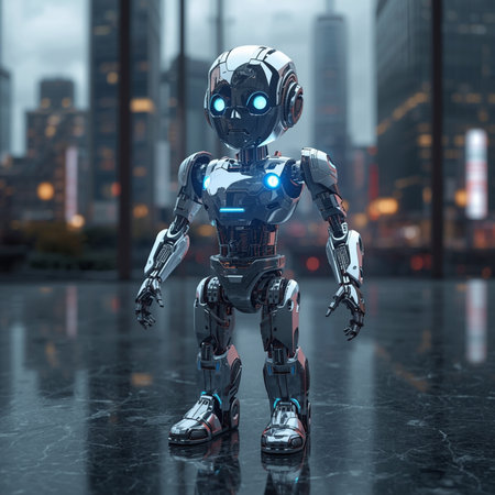 3d rendering humanoid robot standing in front of modern city background.の素材