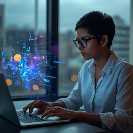 Young Asian businesswoman working on laptop computer in modern office with double exposure of digital hologram.の素材