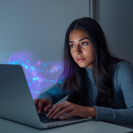 Beautiful young woman using a laptop computer at night in the darkの素材