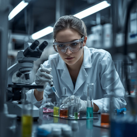 Female researcher carrying out scientific research in a lab (color toned image; shallow DOF)の素材
