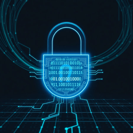 Cyber security concept. Padlock and binary code on dark blue background. 3D Renderingの素材