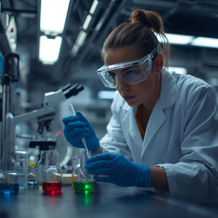 Female scientist working in a laboratory. She is wearing safety goggles and a white coat.の素材
