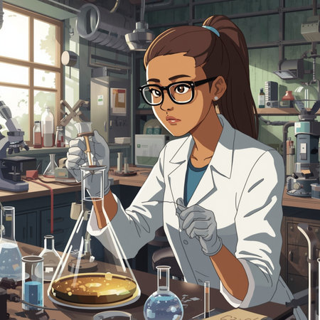 Vector illustration of a female scientist working in a laboratory. Girl in glasses and a white coat.の素材