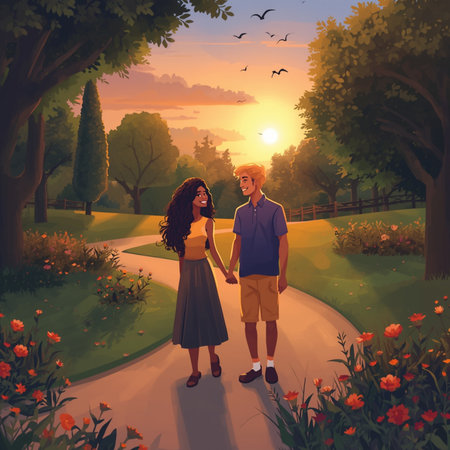Romantic couple walking in the park at sunset. Vector illustration.の素材