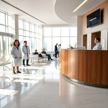 Group of doctors waiting for a job interview at the hospital reception.の素材