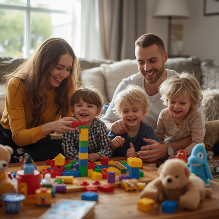 Happy family playing together at home. Mother, father and children having fun together.の素材