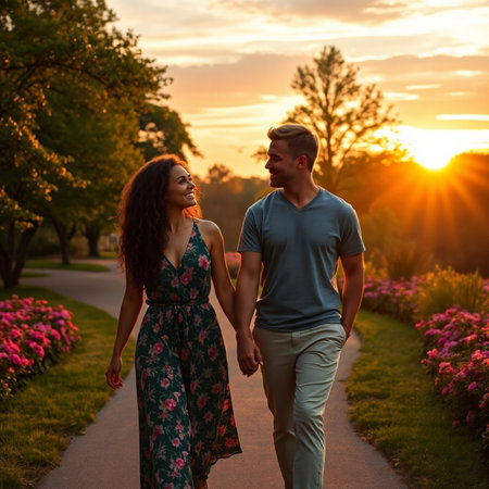 Romantic young couple walking in the park at sunset. Romantic date.の素材
