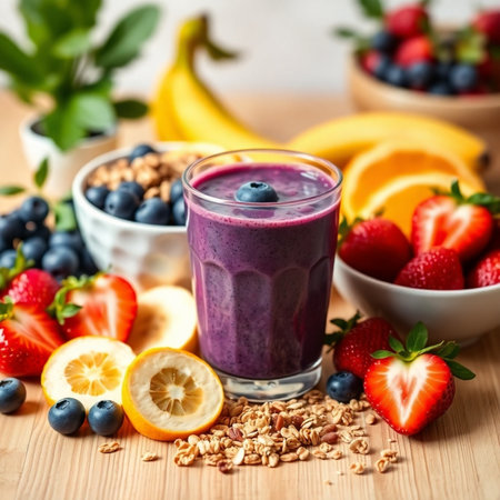 Healthy breakfast. Blueberry smoothie with granola and fresh berries on wooden tableの素材