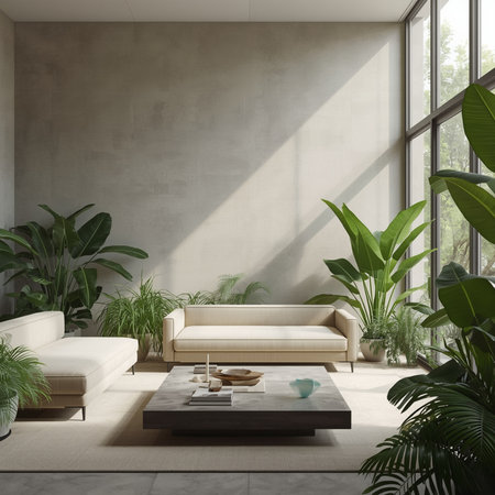 Interior of modern living room with concrete walls, tiled floor, white sofa and coffee table near window. 3d renderingの素材