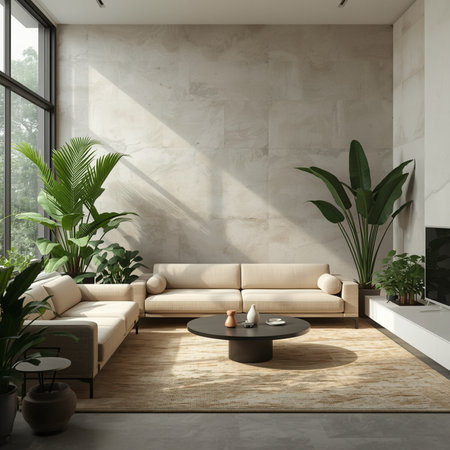 Living room interior with white walls, concrete floor, beige sofas, coffee table and green plants. 3d renderingの素材