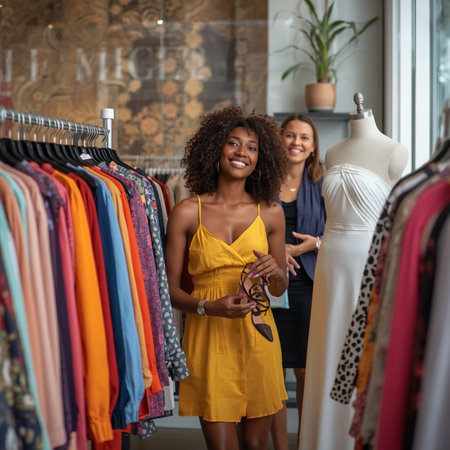 Portrait of smiling african american woman choosing dress in boutiqueの素材