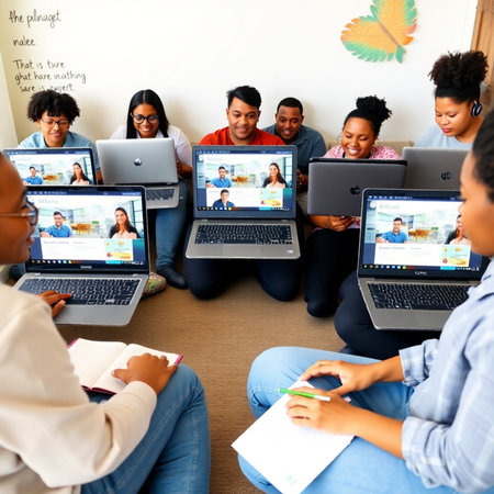 education, technology and people concept - group of smiling students with laptop computers having video conference at schoolの素材