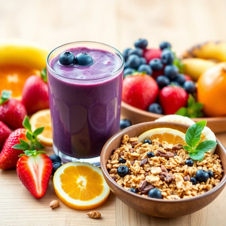 Healthy breakfast with muesli, berries and fruits on wooden tableの素材