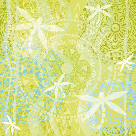 Beautiful texture with ornament and dragonflyのイラスト素材